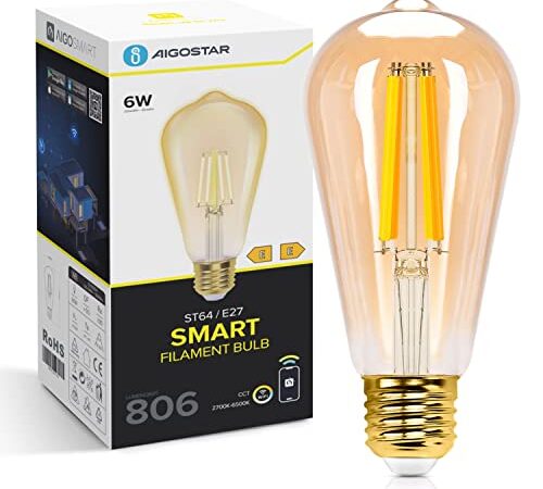 Aigostar Lampadine Alexa E27 WiFi Edison Lampadina Vintage 6W 806ML Lampadine Smart Retrò Dimmerabile 2700K-6500K, Controllo Remoto tramite APP, Compatibile Con Alexa, Google Home, Oro 1 pezzi