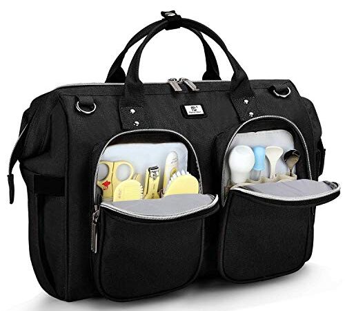 Borsa Fasciatoio Mamma Bambini Neonato Grande da portare a tracolla o a mano, con Materassino fasciatoio, 2 tasche isolanti bottiglia, 2 ganci passeggino, Nero 2019