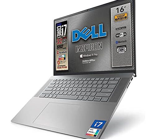 DELL INSPIRON, Cpu Intel i7 di 12 th, 10 Core fino a 4,7 GHz, 16" Full HD, SSD Pci da 1 TeraByte, 32 Gb Ram, Win 11 Pro, Office Pro 2021, Tastiera retroilluminata, Cover alluminio, Pronto All'uso