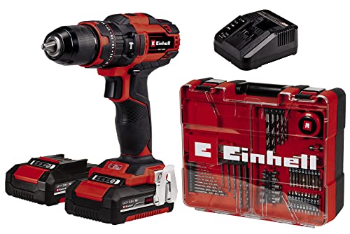 Einhell Set Trapano Percussione con Batterie TE-CD 18/40 Li-i +64, 2x2.0 Ah, PXC, 18V, 40Nm, Sistema Regolazione Giri, 2 Velocita, max 24.000 min-1, con Caricabatterie e Accessori