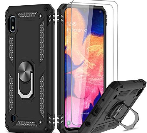 LeYi Cover per Samsung Galaxy A10 con Vetro Temperato [2 Pack], 360°Rotante Anello Magnetica Supporto Difesa Militare TPU Armor Bumper Case Silicone Custodia per Samsung Galaxy A10 Nero