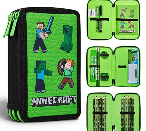 MINECRAFT Astuccio 3 Scomparti Bambino Astuccio Completo di Cancelleria Astuccio 2 Scomparti Bambino Creeper Astuccio Scuola Pieno Regali per Gamer (Verde Mob)