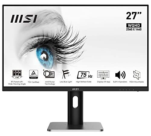 MSI PRO MP273QP Monitor IPS 27” WQHD (2560 x 1440), 75Hz, Schermo Eye-Friendly, VESA, Speaker integrati, Display Kit Support - 2x HDMI 1.4b, DP 1.2a