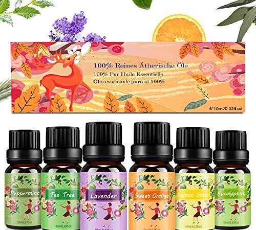 Oli Essenziali per Diffusori - 6×10ML Puri 100% Essenze per Diffusori Aromaterapia di Lavanda, Tea Tree, Eucalipto, Menta, Limone e Arancia Dolce - per SPA e Massaggio