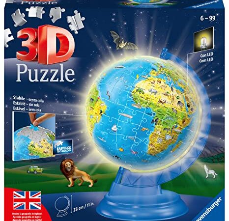 Ravensburger - 3D Puzzle Globo Night Edition con Luce, Impara la Geografia in Inglese, 180 Pezzi, 6+ Anni