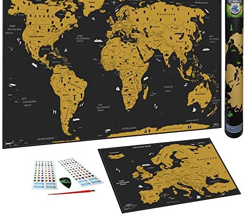 WIDETA Mappa del mondo da grattare in tedesco, XXL (82 x 43 cm) / carta bonus di Europa, strumenti da grattare e adesivi