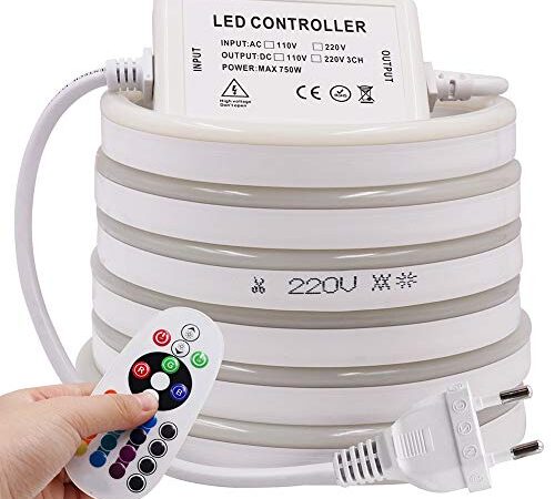 Xunata 20m Luce al Neon Striscia LED RGB con Telecomando a 24 tasti, 220 V SMD 5050 60 LED/m, Flessibile Striscia a LED Strip per Scaletta Tetto Cavi da Cucina Decorazione