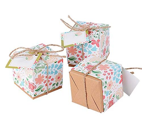 50 pz Scatoline Portaconfetti Bomboniere Carta Stampa con Fiori Scatole Regalo Segnaposto Decorazioni per Festa Matrimonio Battesimo Compleanno Inclosi Cordini e Etichette