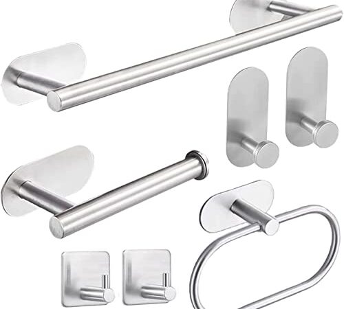 7 Pezzi Set Porta Asciugamani Bagno Completo Argento, Porta Asciugamani Bagno Adesivo in Acciaio Inossidabile da 40cm, Portarotolo, Anelli Porta Salvietta, 4 Pezzi Ganci Adesivi