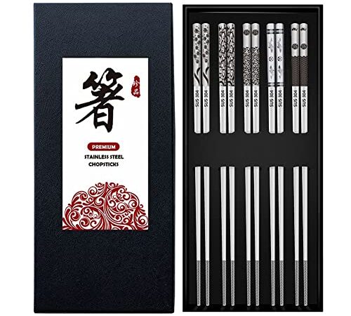 Bosdontek Bacchette in Metallo Riutilizzabili, 5 Paia di Bacchette in Acciaio Inox, Lavabili in Lavastoviglie con Motivo per Incisione, Bastoncini Giapponesi, Bacchette Sushi Set Regalo (Argento)