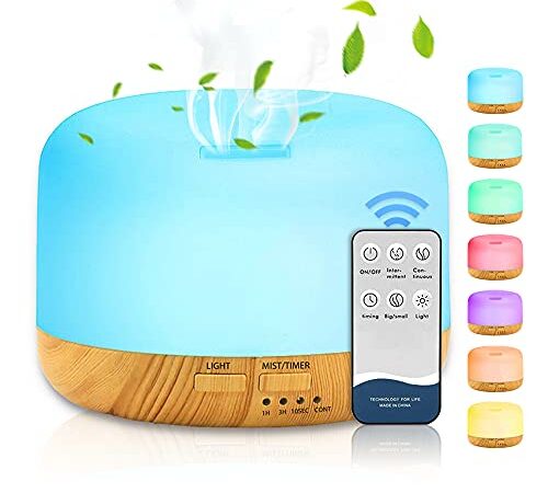 DASIAUTOEM Diffusore di Oli Essenziali, 450ML Umidificatore Ultrasuoni Diffusore di Aroma Diffusori, Telecomando 7 Colori LED Umidificatore Ambiente per Soggiorno, Camera Letto, Bambino, Spa, Ufficio