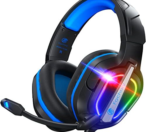 Fachixy FC200 Cuffie Gaming per PS4 PS5 PC Xbox Nintendo Switch, Cuffie Xbox con Luce RGB, Cuffie PS5 con Microfono, Cuffie Gaming Audio Stereo, Cuffie con Cancellazione Del Rumore con filo -Blu