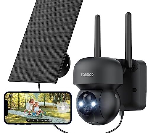 FOAOOD 2K Telecamera WiFi Esterno senza fili, 360°PTZ Telecamera Esterno Batteria/Solare, Visione Notturna Colori, Rilevamento Umano PIR, Audio a 2 Vie, IP66