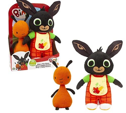 Giochi Preziosi Bing - Peluche coppia, Bing con grembiulino per colorare e orecchie rumorose e Flop, morbidi da abbracciare e coccolare, per bambini a partire da zero mesi, BNG46000