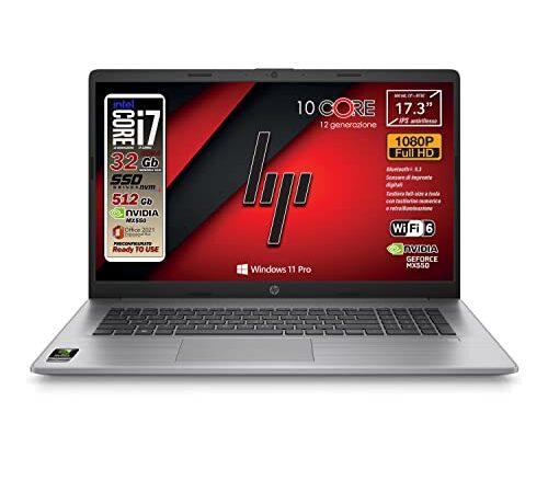 HP 470 G9, notebook, Intel i7 12 Th. 10 Core, RAM 32 Gb, SSD 512 Gb, 17.3" IPS Full HD, Geforce Mx 550 dedicata, wi-fi 6, webcam HD, tastiera retroilluminata, Win 11 Pro, Office Pro, Garanzia Italia