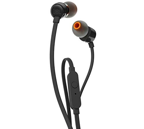 JBL T110 Cuffie In Ear con Microfono, Cavo Piatto Antigroviglio, Comando a un pulsante, JBL Pure Bass Sound, Nero