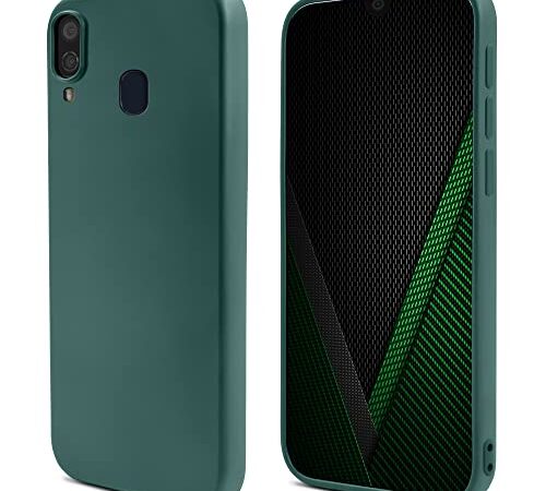 Moozy Lifestyle. Cover per Samsung A40, Verde Scuro - Custodia in Silicone Liquido con Finitura Opaca e Fodera Morbida in Microfibra