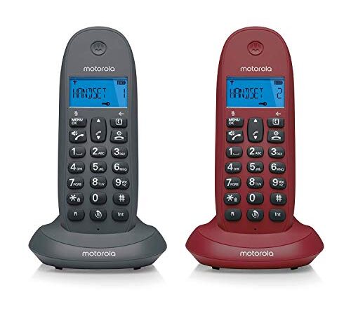 Motorola C1002 – Telefono Cordless Duo DECT - Funzione di Trasferimento Chiamate tra i terminali - Vivavoce - Rubria e registro chiamate - Telefoni grigi e viola