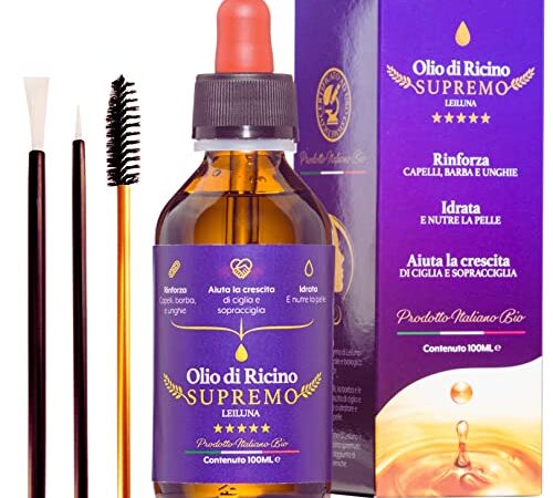 OLIO DI RICINO PURISSIMO 100% Puro Naturale, Uso Cosmetico, Pressato a Freddo Stimola la Crescita di Ciglia, Sopracciglia, Barba e Capelli, Rinforzante Per le Unghie, Ideale per la Pelle - 100ml