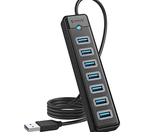 ORICO USB Hub 3.0, 7 porta USB 3.2 Gen1 Hub con porta di alimentazione 5V/3A, distributore USB compatibile per laptop, MacBook Pro/Mini, IMAC, Surface Pro, PS 4, Mobile HDD e altro