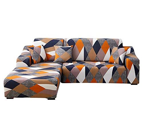 papasgix Copridivano con Penisola Elasticizzato Chaise Longue Sofa Cover Componibile in Poliestere a Forma di L 2 Pezzi, Fodere per Divano Angolare con Stampata,2 posti + 2 posti,Geometria Moderna