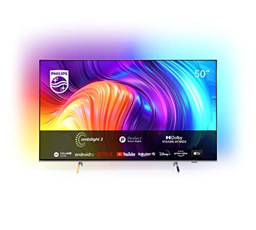 Philips 50PUS8507 50 pollici 4K smart TV UHD LED Android TV con Ambilight, Processore P5, Dolby Vision cinematografico e Suono Atmos, compatibile con Google assistant e Alexa, argento chiaro