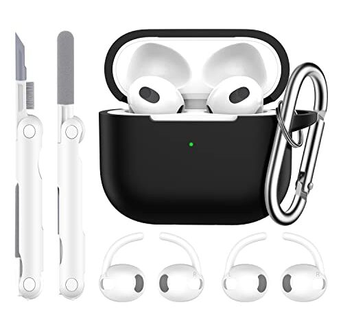 R-fun Custodia per AirPods di terza generazione con kit di pulizia e gancio per auricolari (2 paia), custodia protettiva in morbido silicone per Apple AirPods 3 2021-Nero