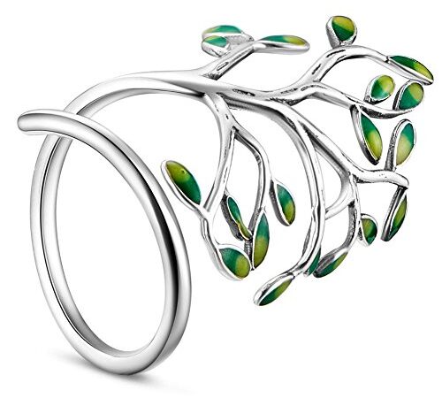 SHEGRACE Anello da Donna Aperto in Argento 925 Anello a Forma di Anello in Argento 925 Forma di Ramo Verde Platino 18mm