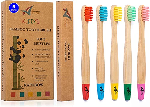 Spazzolini da denti per bambini in bambù | Biologico ecologico | Set di 5 colori arcobaleno - Setole morbide e delicate Senza BPA | Spazzolino da denti in legno naturale | Imballaggio senza plastica