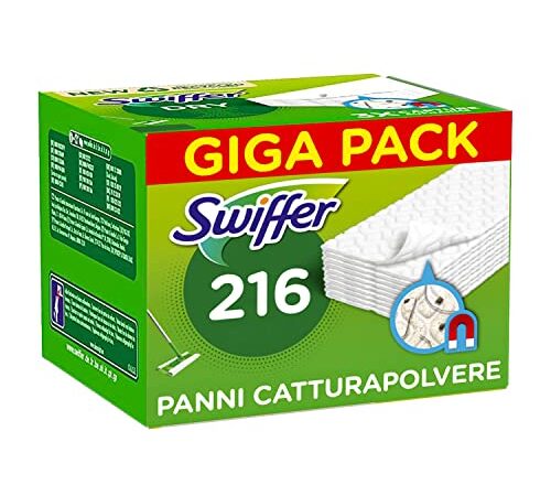 Swiffer Panni Catturapolvere Casa, 216 Panni Microfibra Dry, Panni Cattura Polvere E Sporco, Ottimo Per Tutti I Tipi Di Pavimenti E Per I Peli Di Animali, Maxi Formato,