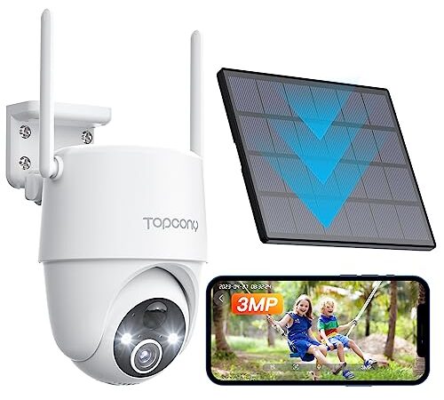 Topcony 2K Telecamera Wi-Fi Esterno Senza Fili con Pannello Solare, 360° PTZ Videocamera Sorveglianza WiFi con Visione Notturna a Colori 15m, Rilevamento Umano PIR, 2 Vie Audio, Sirena,IP65