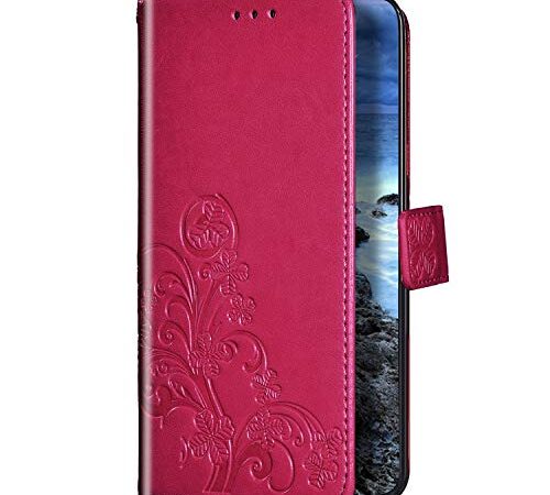 Uposao Compatibile con Google Pixel 3A Custodia PU Cover a Libro Custodia in Pelle Goffrata Fortunato Trifoglio Portafoglio Flip Case PU con Porta Carte di Credito Morbido,Rosso