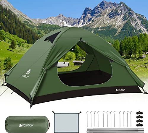 V VONTOX Tenda Campeggio, 2-3 Persone Ultra-Leggero Tenda a Due Porte, Anti UV e Impermeabile, 3-4 Stagioni, Oscurante e Sole, per Campeggio, Arrampicata, Escursioni, Viaggi di Coppia (Verde)