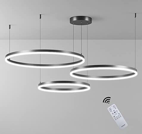 Wandun Moderna Lampada a Sospensione a Led, 3 Anelli Collezione di Vernice Nero, Applique a Sospensione a Luce Regolabile Lampadario a Soffitto Moderno, Dimmerabile con Telecomando 3000k-6000k-90w