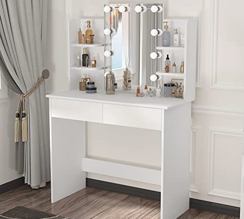 WOLTU Toeletta da Trucco con 10 Luci LED Hollywood, Tavolo da Trucco Moderno con Specchio, Postazione Make-up con Mensole Aperte e 2 Cassetti, 90x40x135cm, in Legno, Bianco, MB6096ws