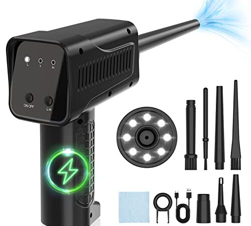 Aria Compressa Senza Fili, Elettrico Rimuovi Polvere con Luce a LED, Air Duster Sostituto di Bombolette ad Aria Compressa Per Pc, Tastiera, Auto E Casa, Pulizia Divano, 90000 giri/min, 7500mAh