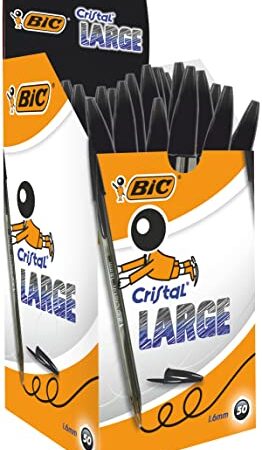 BIC Nere Penne a Sfera, Cristal Large , Ottimi per la Scuola, con Punta Ampia (1.6 mm), Confezione da 50, Fornitura per Scrivere in Ufficio e a Casa