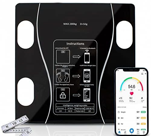 Bilancia Pesapersone Professionale - Bilancia Digitale Impedenziometrica con Bluetooth e App dedicata.Misura Peso Corporeo, BMI, Massa Muscolare, Grassa e ossea, Proteine (colore Nero)