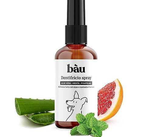 bàu Cosmesi Dentifricio Spray per Alito del Cane - Purifica, Rinfresca e Protegge Denti e Gengive Contrastando il Tartaro - No Parabeni e Siliconi, Naturale con Aloe Vera e Menta Piperita - 100 ml