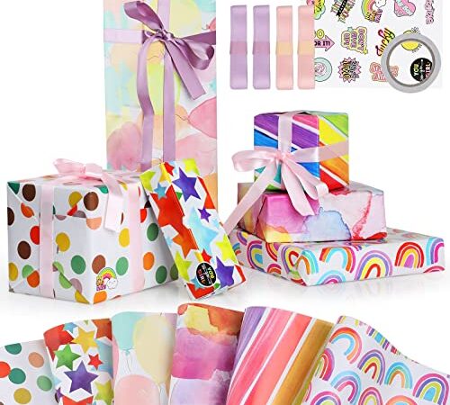 Carta da Regalo per Compleanno, Hianjoo 6 Fogli Carta da Regalo Riciclabile con 1 Foglio di Adesivi, 4 Nastri, 1 Nastro per Valentine's Day, Compleanno, Decorazione Regalo 70 * 50 cm - Colorful