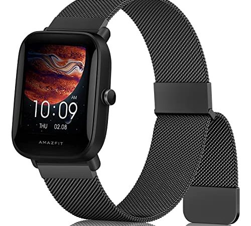 Cinturino Acciaio per Amazfit Bip U/Bip U Pro/Amazfit Bip/Bip 3 /Amazfit Bip S/Bip S Lite, Metallo Magnete Cinturino Loop per Amazfit Bip Donne e Uomini,Super Magnetico (Nero)