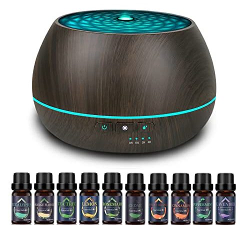 Diffusore di oli essenziali per aromaterapia 500 ml Diffusore di aromi per venature del legno con timer Umidificatore a nebbia fredda per stanze grandi, casa, camerette (Scuro+10)