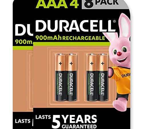 Duracell - Rechargeable AAA 900mAh Prericaricate, Batterie Ministilo Ricaricabili 900 mAh, confezione da 8