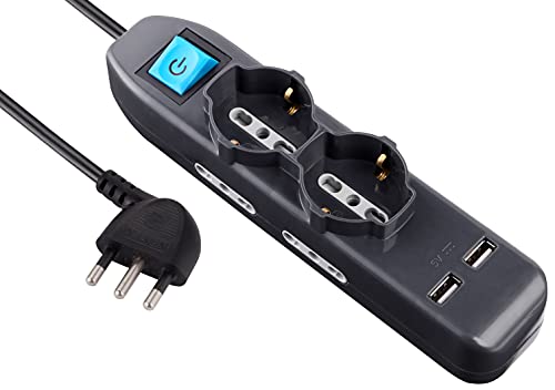 Electraline 62095 Multipresa 6 Posti 2 Polivalenti Schuko 4 Bivalenti 10/16A 2 Prese USB 2.1A -Cavo 1,5 M, Nero