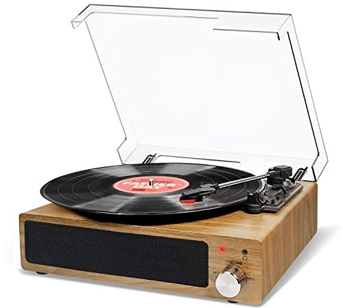 Giradischi Vinile, FYDEE Giradischi Bluetooth Vintage con 3 Velocità 33/45/78 RPM e 2 Altoparlanti Incorporati, Lettore Vinile Portatile Supporta Jack per Cuffie, RCA, AUX - Legno Naturale