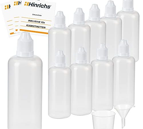 Hinrichs flaconcini contagocce da 10x100 ml con imbuto, misurino, 10 etichette - conservare e dosare sostanze liquide - qualità LDPE