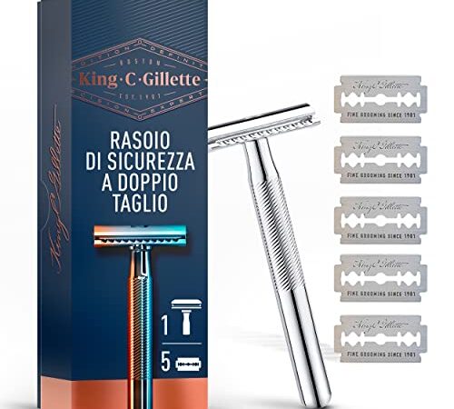 King C. Gillette Rasoio di Sicurezza, 1 Manico, 5 Lamette da Barba, in Acciaio Inossidabile, Lametta rivestita di Platino Idea Regalo Uomo per Cura della Barba