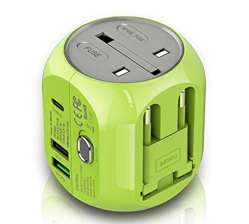 Milool Adattatore Universale da Viaggio con QC3.0 Quick Charge 2 Porte USB 3.0 e 1 Interfaccia Type-C US/EU/UK/AU in One Caricatore Multifunzioni per Oltre 180 Paesi, 2 Fuse (Spare Fuse) (Verde)