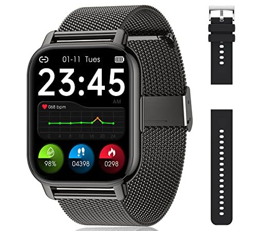 Popglory Smartwatch Uomo Donna, 2 Cinturini Orologio Chiamate e Whatsapp, Contapassi Assistente Vocale, Orologio Digitale 24H Cardiofrequenzimetro, Pressione Sanguigna SpO2 Sonno, Regalo Android iOS