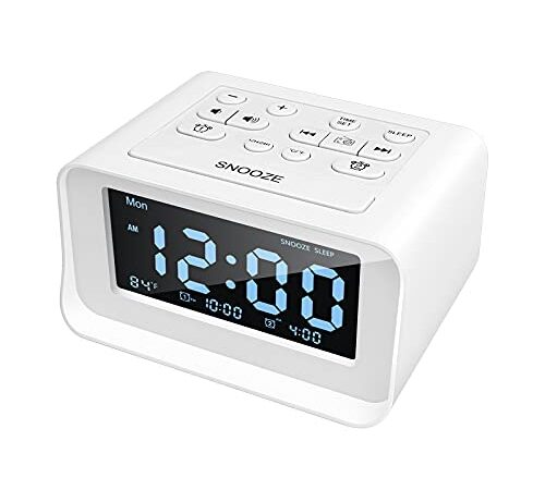 Radiosveglia con Doppio Allarme, Sveglia Digitale da Comodino con 2 Porte di Ricarica USB, Dimmerabile 0-100%, Timer di Spegnimento Radio FM, 6 Suonerie, Termometro Interno, Funzione Snooze (Bianca)